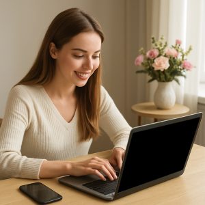Blogger trabajando en la protección de contenido digital con laptop y celular en 2025