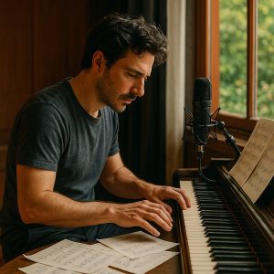 Hombre de 35 años, productor musical, componiendo en su piano con micrófono y partituras, en su estudio con ventana hacia un jardín.