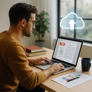 Hombre trabajando en diseño digital de eBooks y PDFs con almacenamiento en la nube para proteger su trabajo creativo