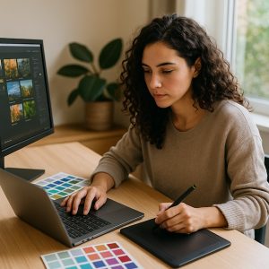 Diseñadora gráfica joven trabajando en su computadora portátil en un ambiente creativo y moderno.
