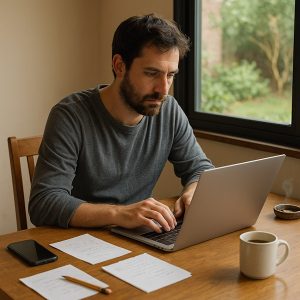 Escritor de 35 años con barba trabajando en su primer borrador, guardando sus manuscritos y borradores literarios con almacenamiento en la nube.