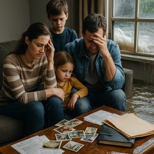 Familia angustiada en el interior de una casa dañada tras un desastre natural, simbolizando la pérdida de documentos y recuerdos importantes.
