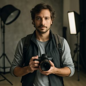 Fotógrafo profesional trabajando con cámara y trípode en un estudio luminoso.
