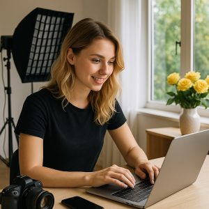 Creadora de videos rubia trabajando en laptop con protección de contenido digital para creadores de video