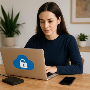 Mujer joven trabajando en laptop en oficina moderna, utilizando almacenamiento en la nube seguro para freelancers.