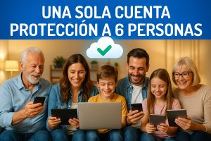 Familia completa usando una sola cuenta de almacenamiento en la nube con GotBackup, todos sus dispositivos protegidos.