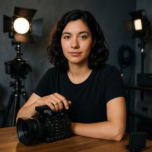 Videógrafa joven en su estudio con cámara profesional, almacenamiento en la nube para videógrafos.